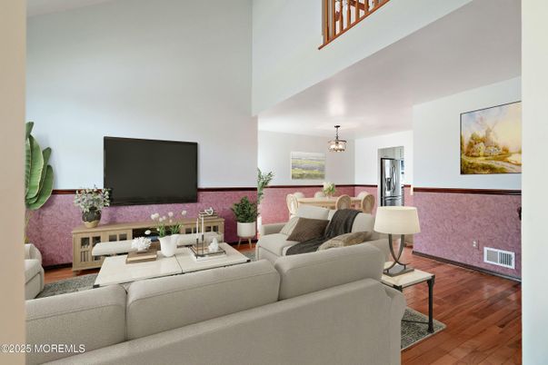 Dining room, Interior, Living room, Pendant Lights, Wood Texture Flooring