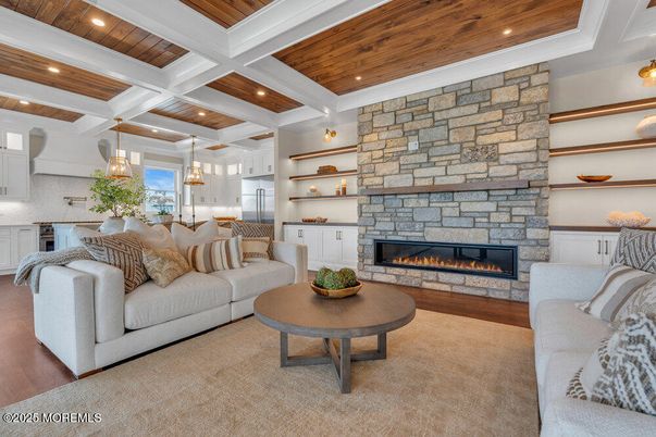 Fireplace, Interior, Kitchen, Living room, Pendant Lights, Recessed Lighting, Stone Walls, Wooden Ceilings, Wood Texture Flooring