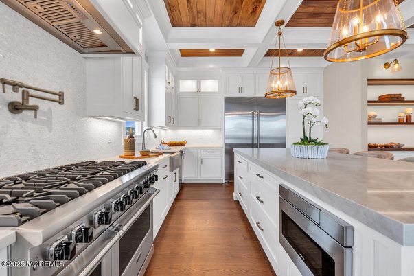 Interior, Kitchen, Pendant Lights, Stainless Steel Appliances, Wooden Ceilings, Wood Texture Flooring