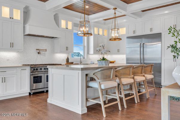 Interior, Kitchen, Pendant Lights, Stainless Steel Appliances, Wooden Beams, Wooden Ceilings, Wood Texture Flooring