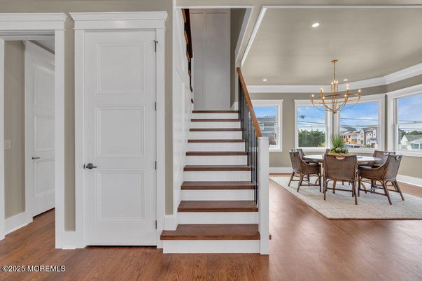 Dining room, Interior, Pendant Lights, Recessed Lighting, Wood Texture Flooring