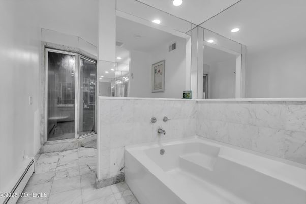 Bathroom, Glass Shower, Interior, Marble, Marble Walls, Recessed Lighting
