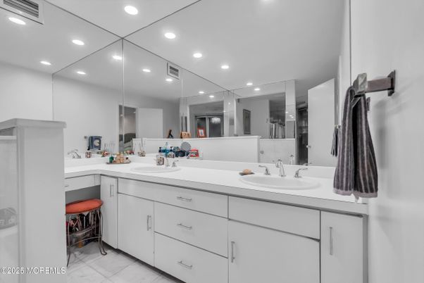 Bathroom, Dual Sink Vanities, Interior, Marble, Recessed Lighting