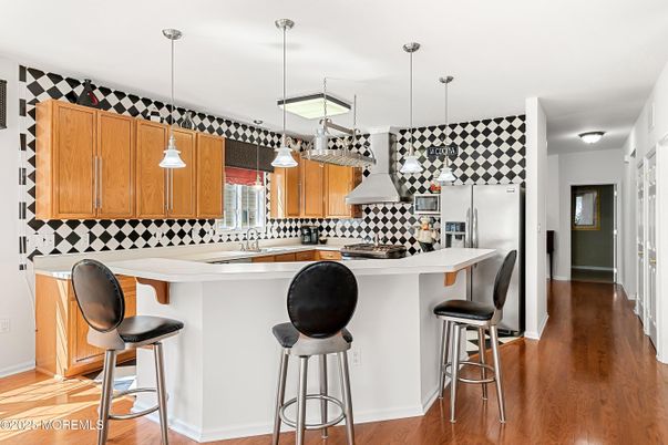 Interior, Kitchen, Pendant Lights, Stainless Steel Appliances, Wood Texture Flooring