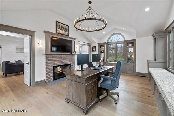 Chandelier, Fireplace, Home Office, Interior, Pendant Lights, Recessed Lighting, Wood Texture Flooring