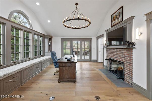 Chandelier, Fireplace, Home Office, Interior, Pendant Lights, Recessed Lighting, Wood Texture Flooring