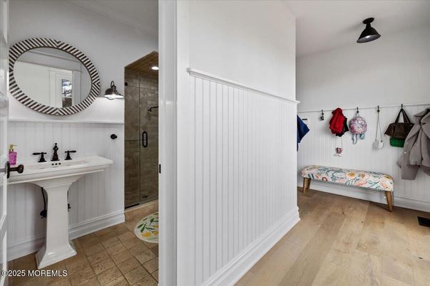 Bathroom, Glass Shower, Interior, Wood Texture Flooring