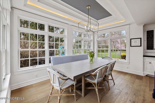 Dining room, Interior, Pendant Lights, Wood Texture Flooring