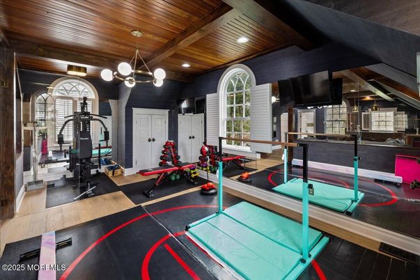 Fitness Equipment, Interior, Pendant Lights, Recessed Lighting, Wooden Beams, Wooden Ceilings, Wood Texture Flooring