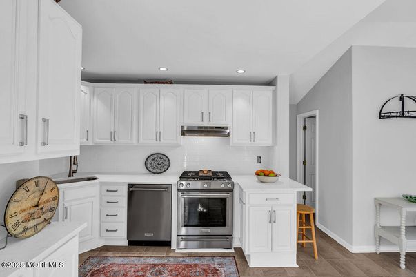 Interior, Kitchen, Recessed Lighting, Stainless Steel Appliances, Wood Texture Flooring