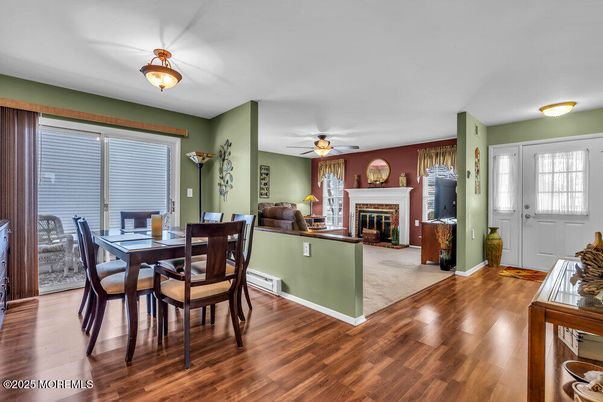 Dining room, Fireplace, Interior, Wood Texture Flooring