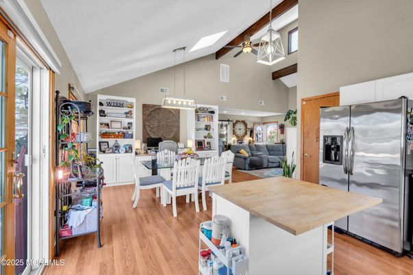 Dining room, Interior, Kitchen, Living room, Pendant Lights, Stainless Steel Appliances, Wood Texture Flooring