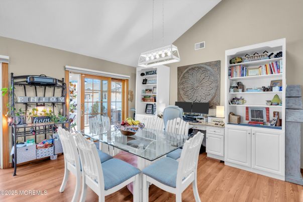 Dining room, Interior, Pendant Lights, Wood Texture Flooring