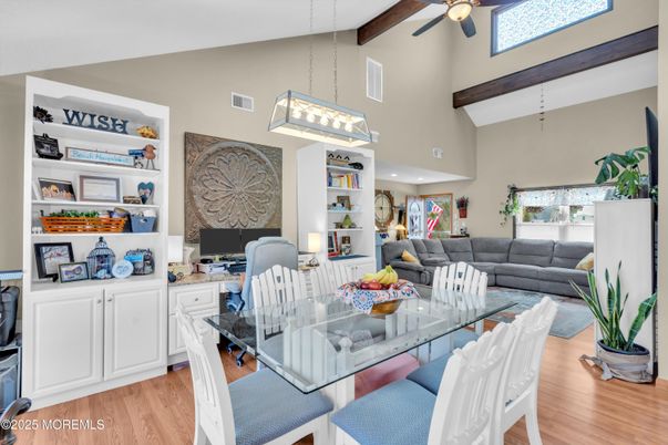 Dining room, Interior, Living room, Pendant Lights, Recessed Lighting, Wooden Beams, Wood Texture Flooring