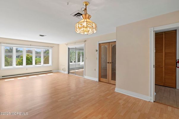 Chandelier, Empty room, Interior, Wood Texture Flooring