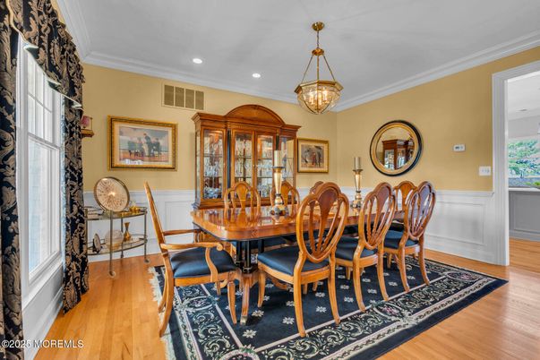 Dining room, Interior, Pendant Lights, Recessed Lighting, Wood Texture Flooring