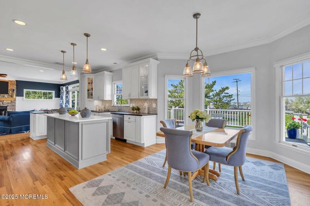 Dining room, Fireplace, Interior, Kitchen, Living room, Pendant Lights, Recessed Lighting, Wood Texture Flooring