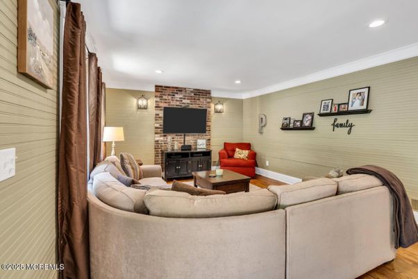 Interior, Living room, Recessed Lighting, Stone Walls, Wood Texture Flooring