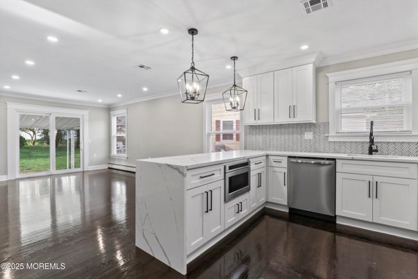 Interior, Kitchen, Pendant Lights, Recessed Lighting, Stainless Steel Appliances, Wood Texture Flooring