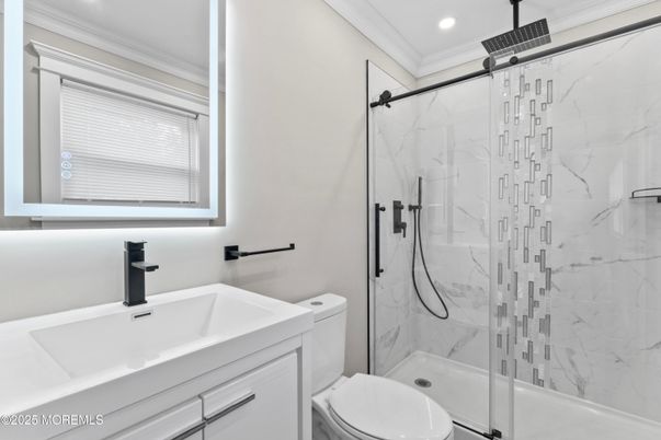Bathroom, Glass Shower, Interior, Marble Walls, Recessed Lighting
