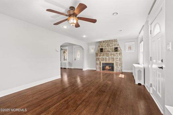 Empty room, Fireplace, Interior, Recessed Lighting, Wood Texture Flooring