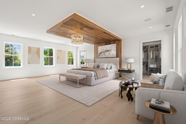 Bedroom, Chandelier, Interior, Living room, Recessed Lighting, Wooden Ceilings, Wood Texture Flooring