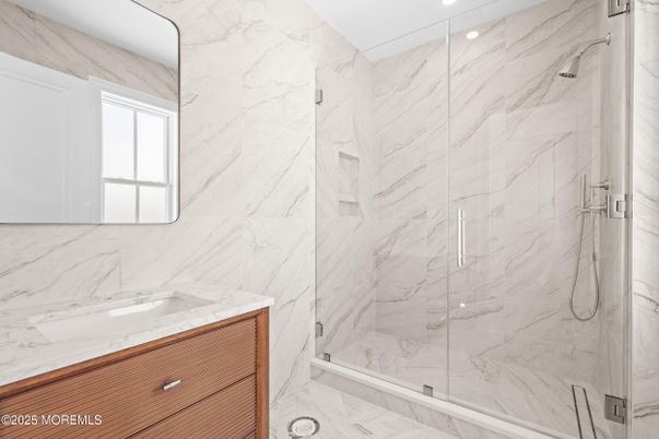 Bathroom, Glass Shower, Interior, Marble, Marble Walls, Recessed Lighting