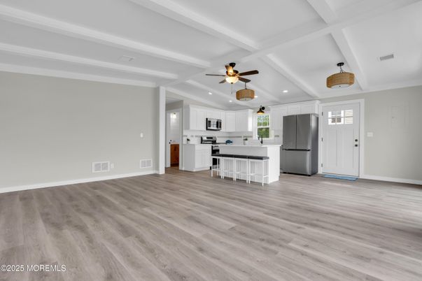 Empty room, Interior, Kitchen, Recessed Lighting, Wood Texture Flooring