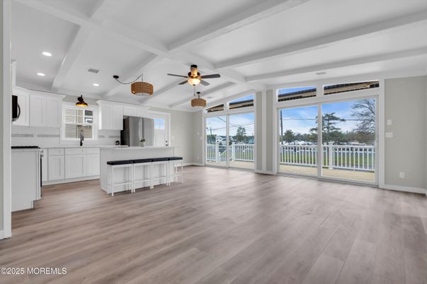 Empty room, Interior, Kitchen, Recessed Lighting, Wood Texture Flooring