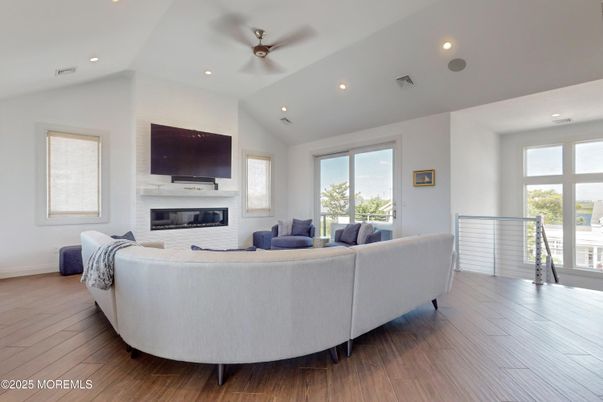 Fireplace, Interior, Living room, Recessed Lighting, Wood Texture Flooring