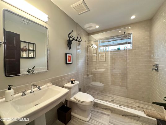 Bathroom, Glass Shower, Interior, Recessed Lighting, Wood Texture Flooring