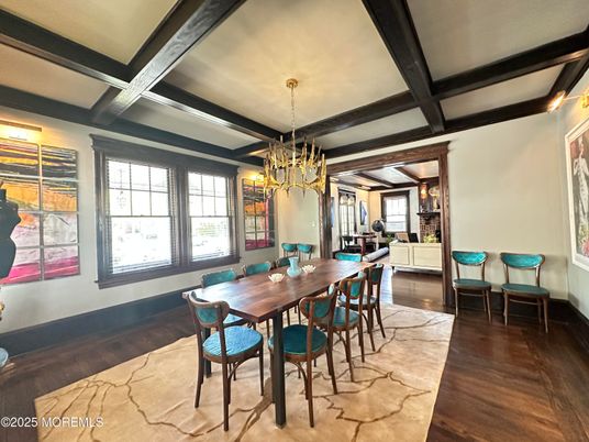 Chandelier, Dining room, Interior, Wooden Beams, Wood Texture Flooring
