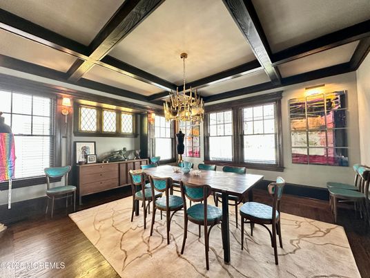 Chandelier, Dining room, Interior, Wood Texture Flooring
