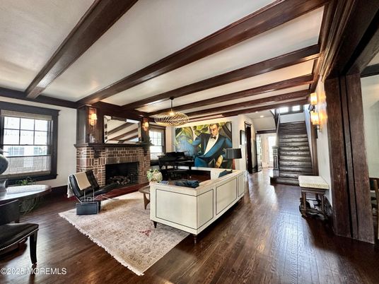 Chandelier, Fireplace, Interior, Living room, Wooden Beams, Wood Texture Flooring