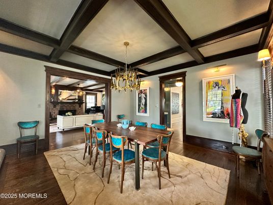 Chandelier, Dining room, Interior, Wooden Beams, Wood Texture Flooring
