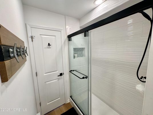 Bathroom, Glass Shower, Interior, Recessed Lighting, Wood Texture Flooring