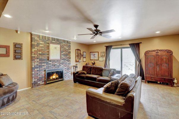 Fireplace, Interior, Living room, Recessed Lighting, Stone Walls