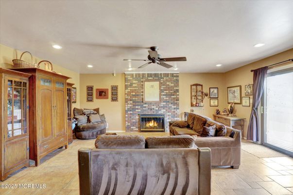 Fireplace, Interior, Living room, Recessed Lighting, Stone Walls