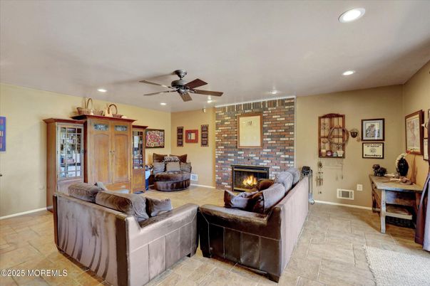 Fireplace, Interior, Living room, Recessed Lighting, Stone Walls