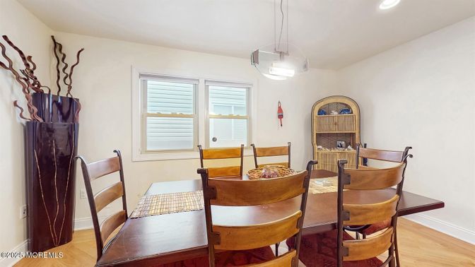Dining room, Interior, Pendant Lights, Recessed Lighting, Wood Texture Flooring