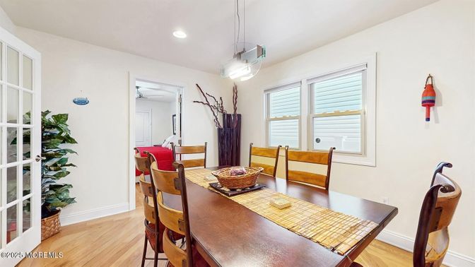 Dining room, Interior, Pendant Lights, Recessed Lighting, Wood Texture Flooring