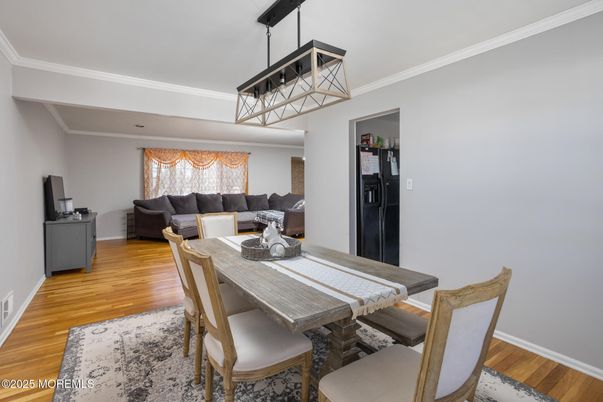 Dining room, Interior, Living room, Pendant Lights, Wood Texture Flooring