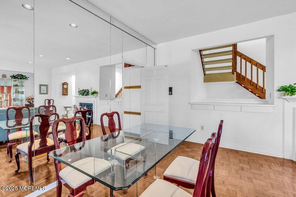 Dining room, Fireplace, Interior, Pendant Lights, Recessed Lighting, Wood Texture Flooring