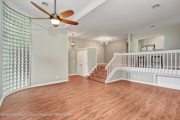Chandelier, Interior, Kitchen, Stainless Steel Appliances, Wood Texture Flooring