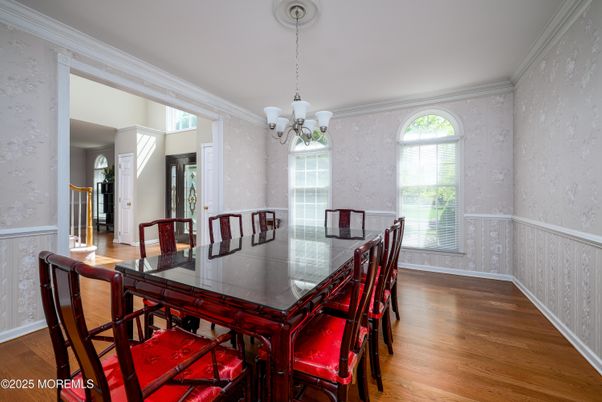 Chandelier, Dining room, Interior, Wood Texture Flooring