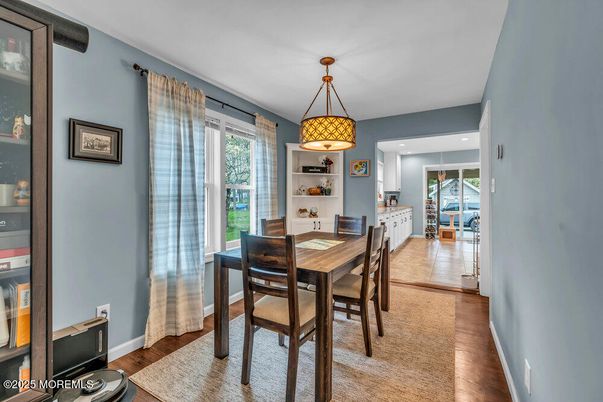 Dining room, Interior, Recessed Lighting, Wood Texture Flooring