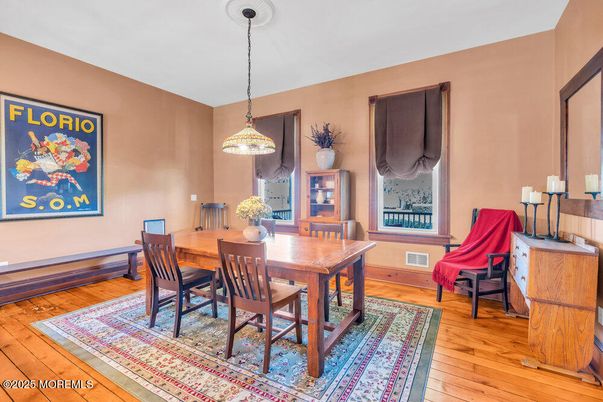 Dining room, Interior, Pendant Lights, Wood Texture Flooring