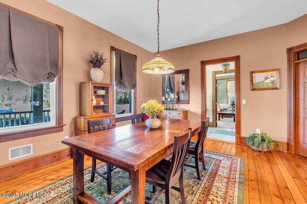 Dining room, Interior, Pendant Lights, Wood Texture Flooring