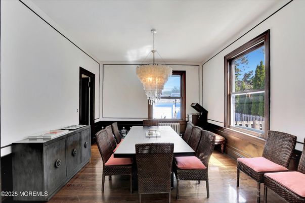 Chandelier, Dining room, Interior, Wood Texture Flooring