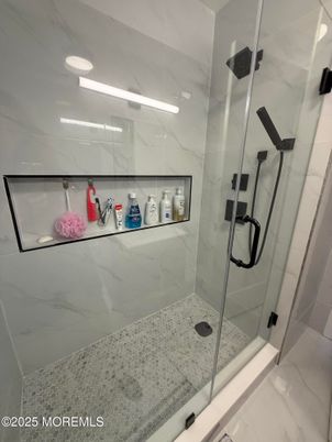 Bathroom, Glass Shower, Interior, Marble Walls, Recessed Lighting